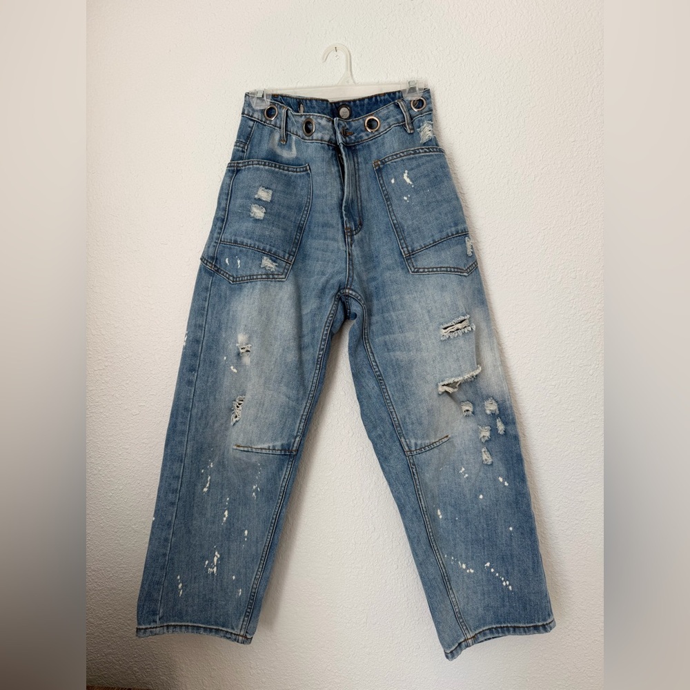 Oli & Haley Roped in Denim Washed Grommet Distressed Barrel Jeans | Small